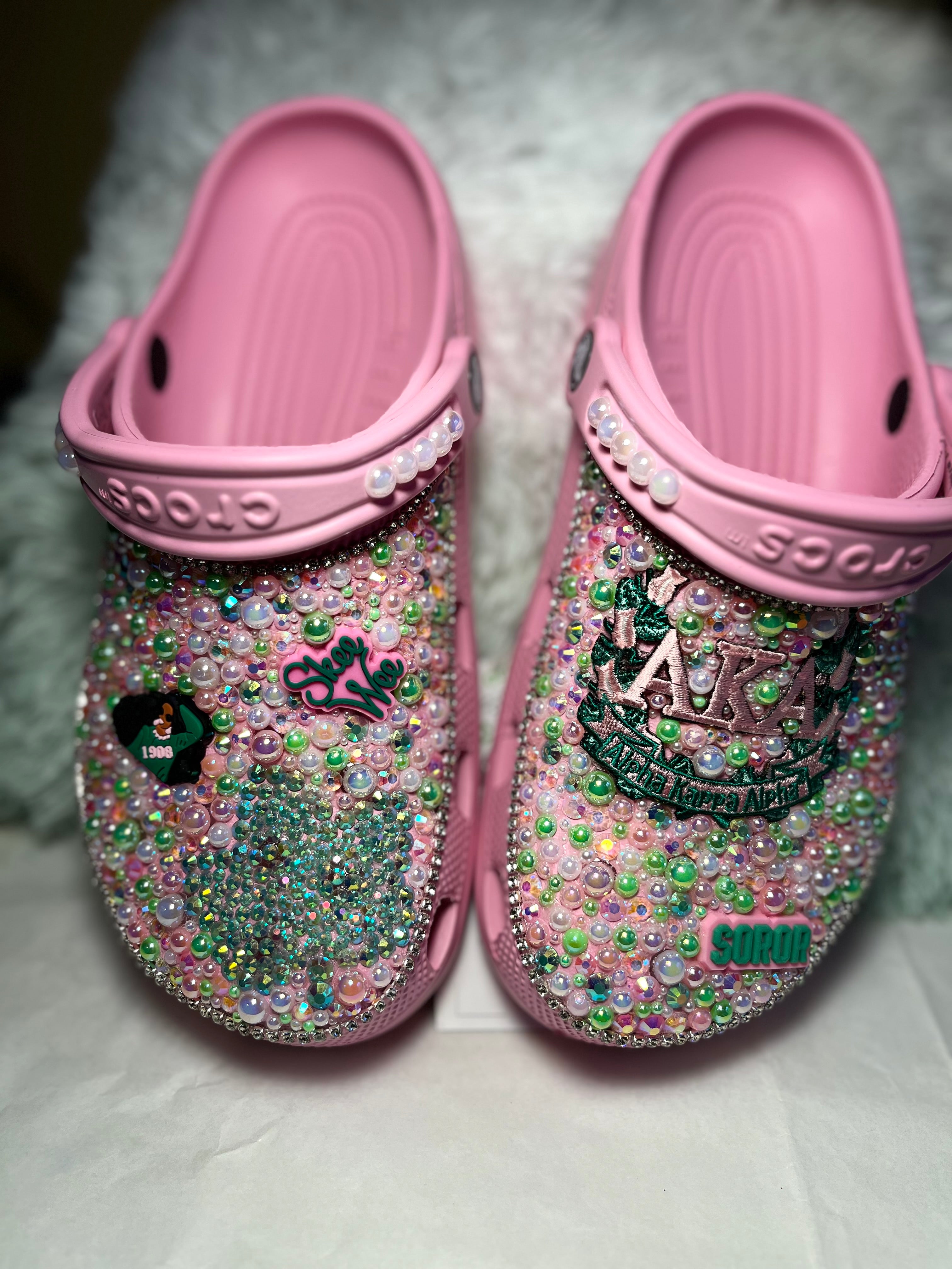 💚🩷 Custom AKA Inspired Bling Crocs – Pearl & Rhinestone Sorority Clogs | Personalized Greek Life Footwear