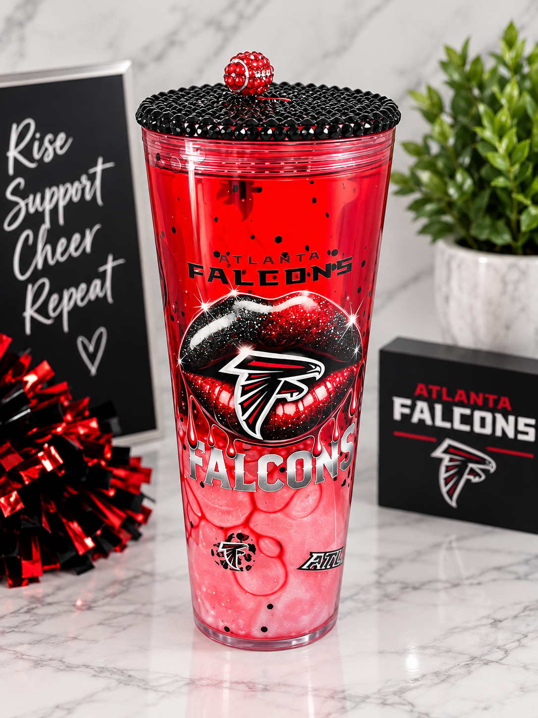 24oz Atlanta Falcons Rise Up Custom Bling Tumbler | Red & Black Rhinestone Lid