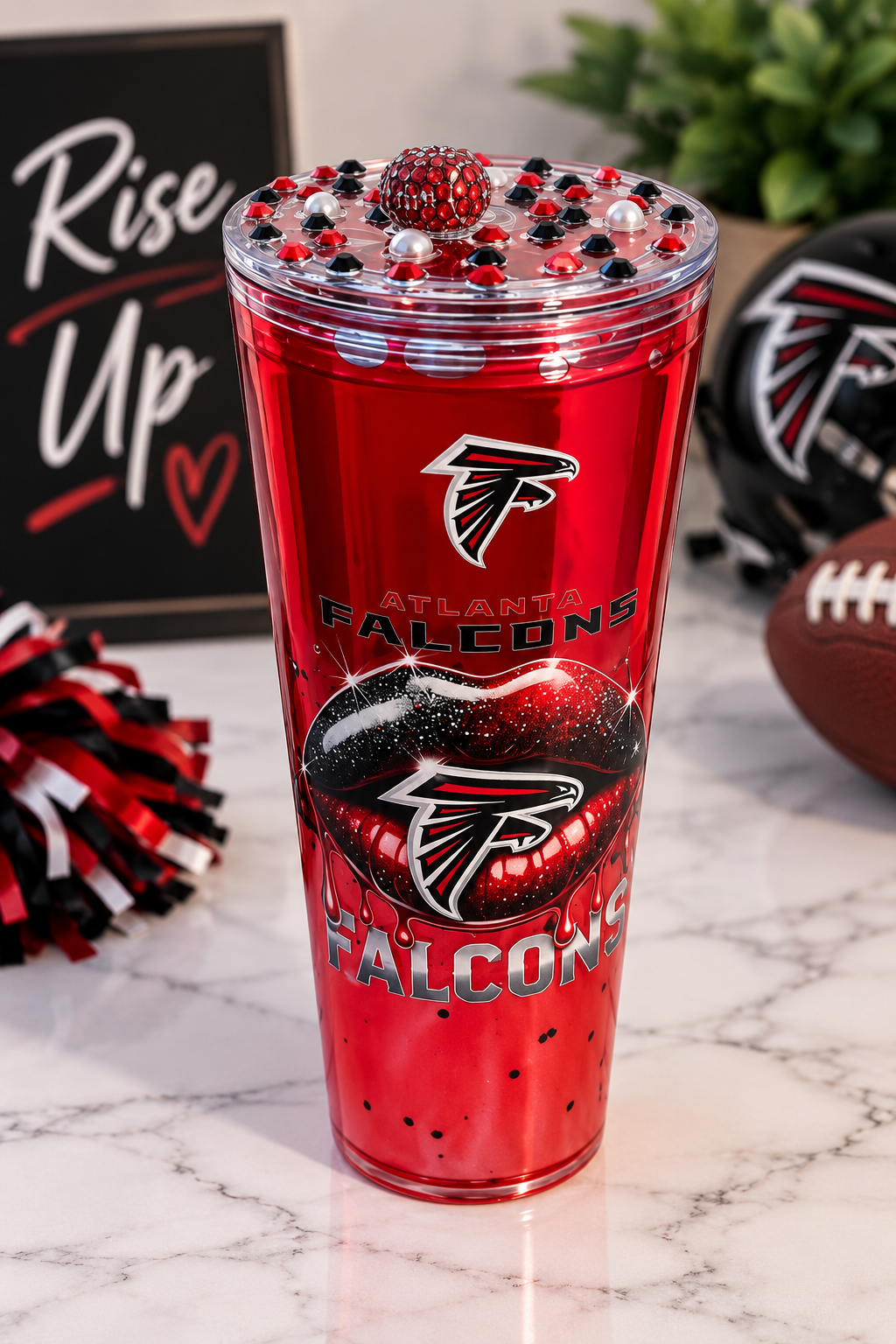 24oz Atlanta Falcons Rise Up Custom Bling Tumbler | Red & Black Rhinestone Lid