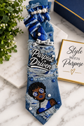 Purpose Driven Denim Statement Tie – Blue Pearl & Rhinestone Embellished