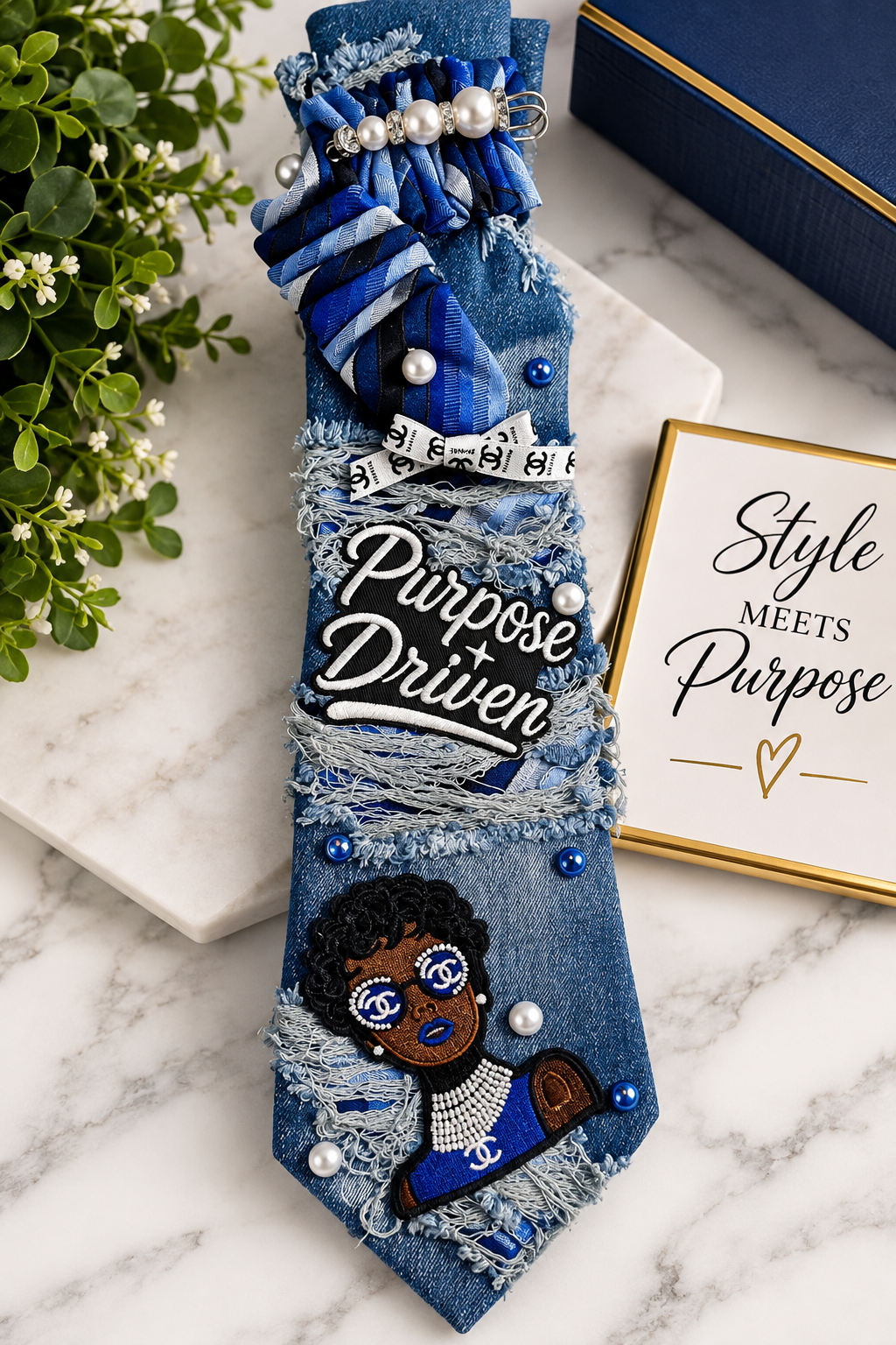 Purpose Driven Denim Statement Tie – Blue Pearl & Rhinestone Embellished
